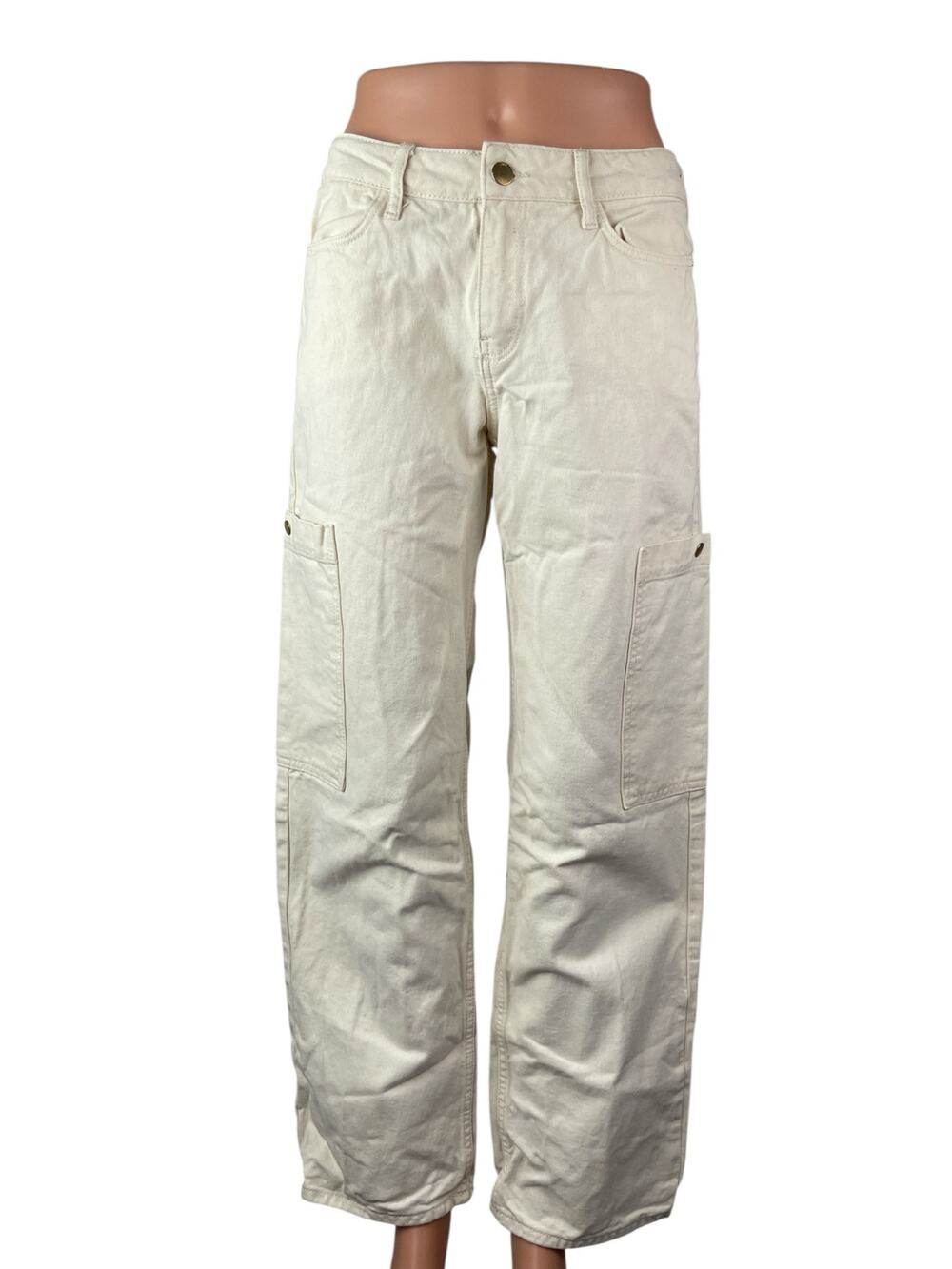 Zara Women's White Mid Rise Carrot Barrel Wide Leg Cargo Denim Jeans Pants Sz 4